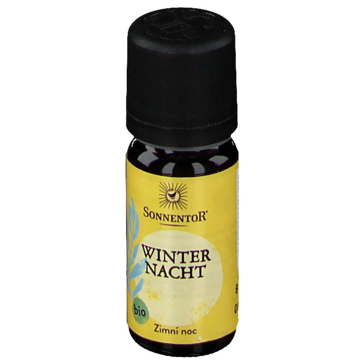 Braune Glasflasche mit schwarzem Deckel. Gelbes Etikett mit SonnentoR-Logo, Schriftzug WINTER NACHT und Bio-Siegel.