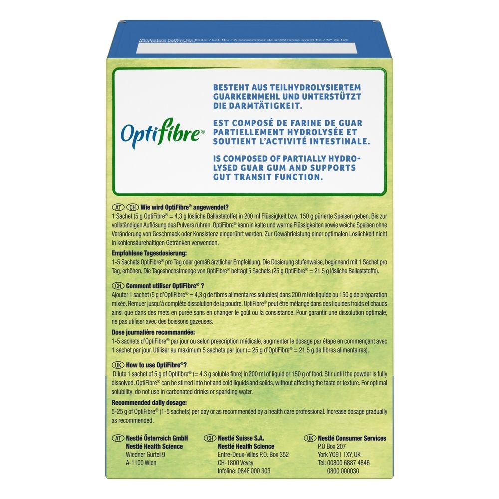 Dos de la boîte OptiFibre®. Texte en allemand, français et anglais. Informations sur l'utilisation et les ingrédients.