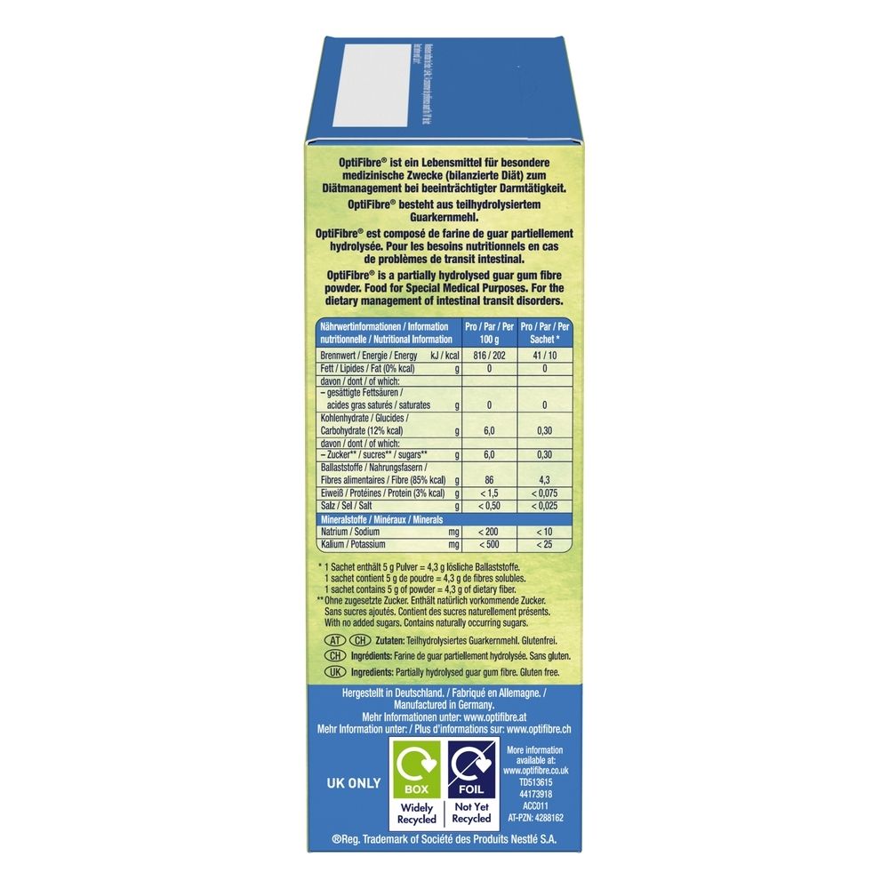 Vue latérale de la boîte OptiFibre®. Texte en allemand, français et anglais. Informations nutritionnelles et ingrédients.