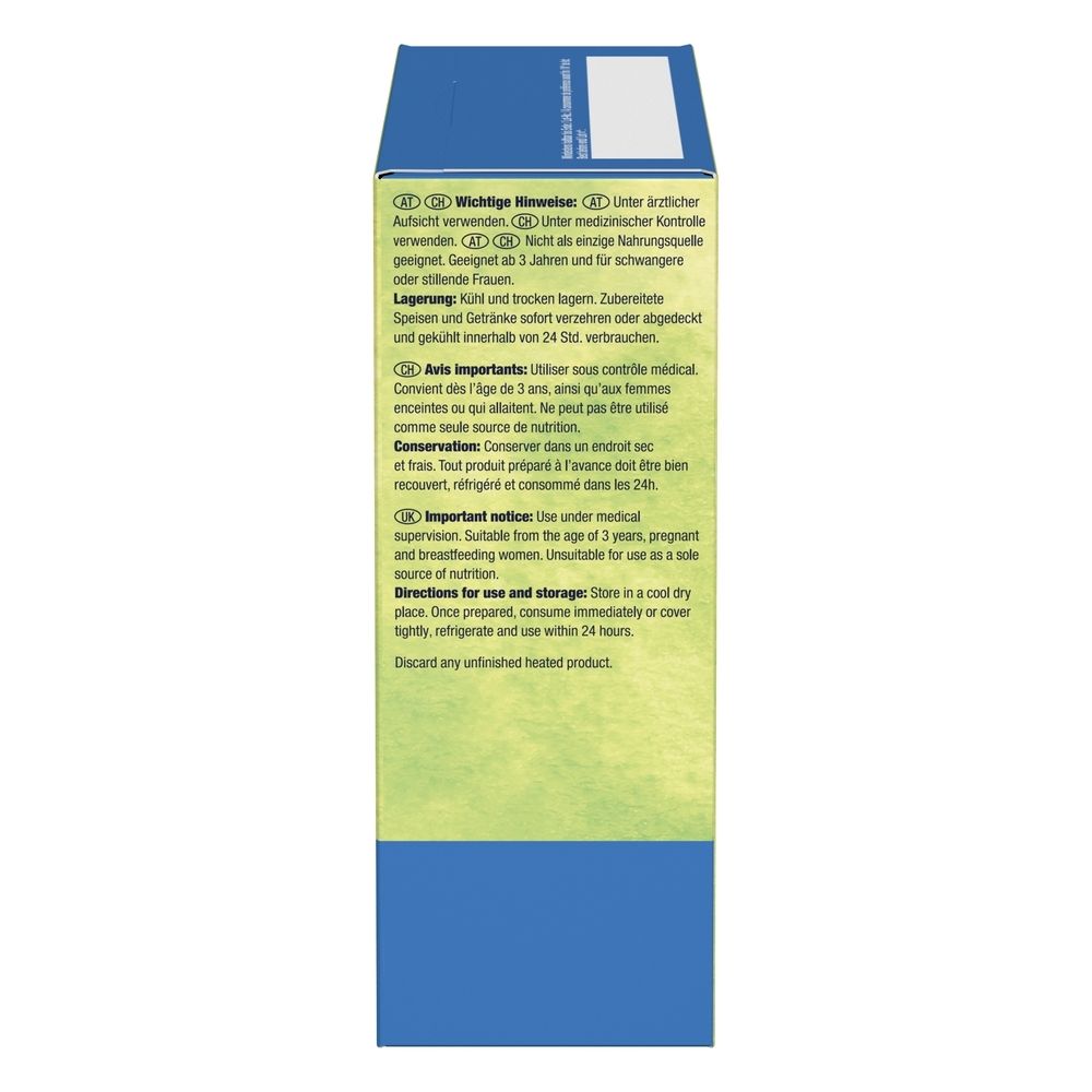 Vue latérale de la boîte OptiFibre®. Texte en allemand, français et anglais. Avertissements importants et stockage.