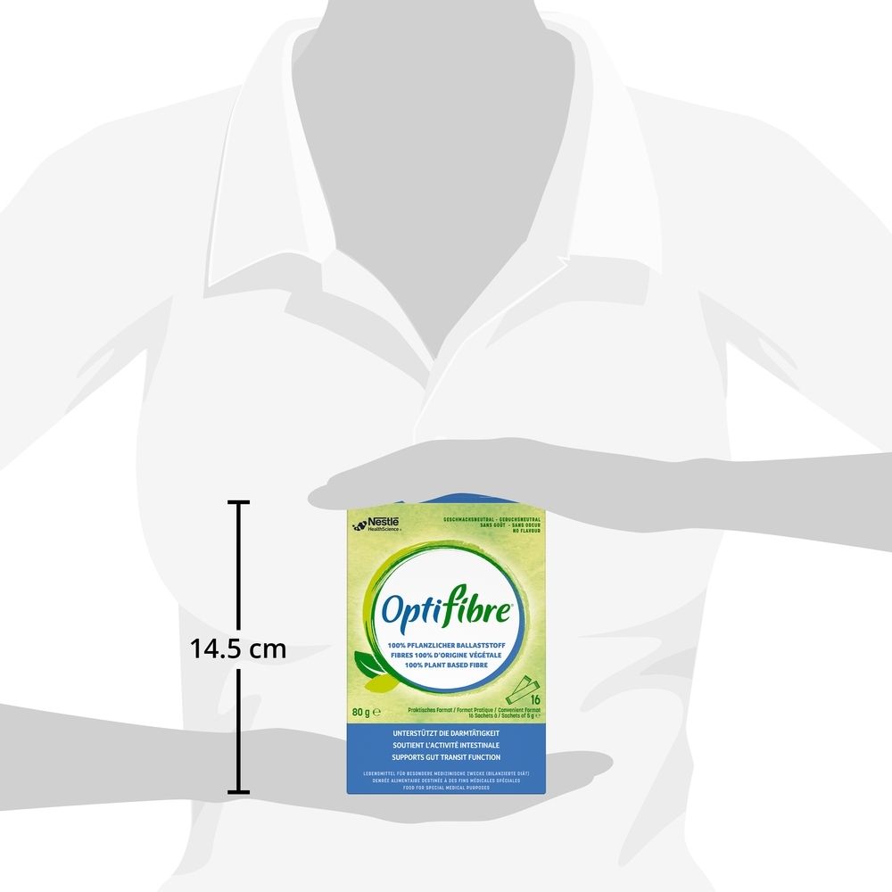 OptiFibre® Stickbox tenue par une personne. La boîte mesure environ 14,5 cm de haut. Nom et logo du produit visibles.
