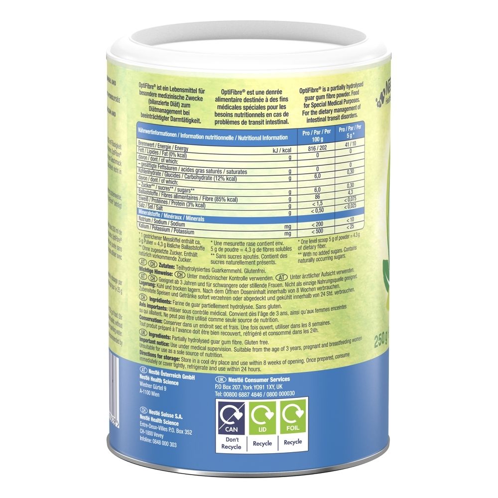 OptiFibre Dose, Rückseite. Enthält Nährwertangaben und Inhaltsstoffe. Text in mehreren Sprachen. Recycling-Symbole.