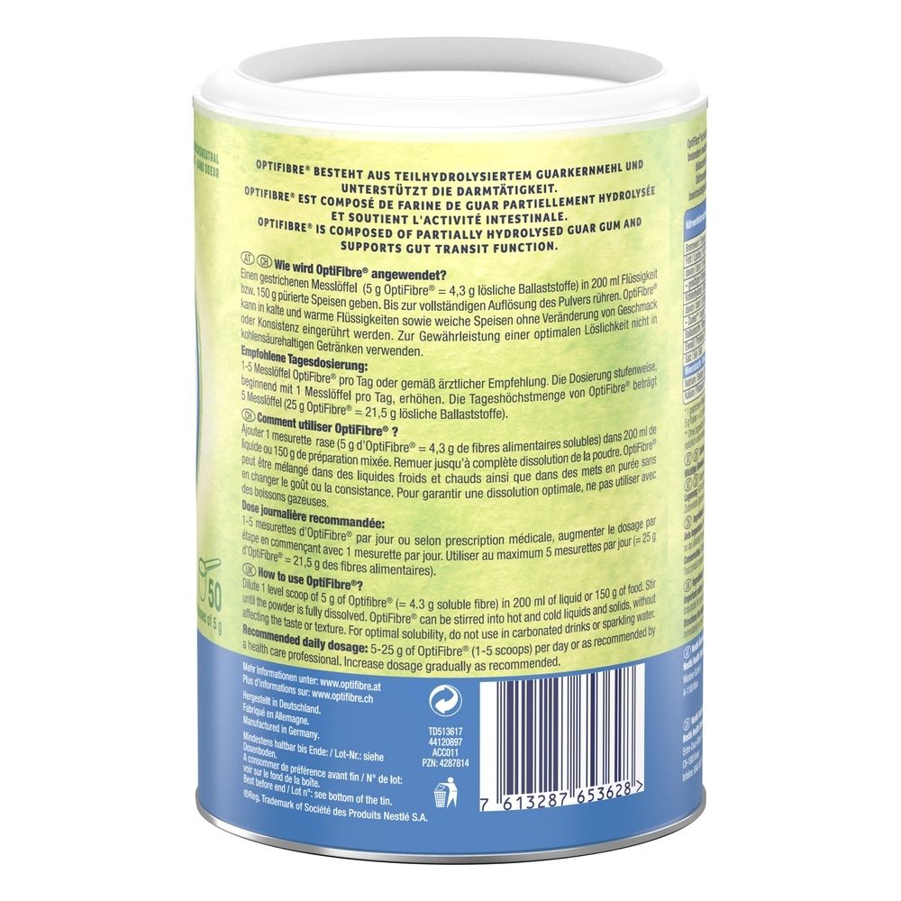 OptiFibre Dose, Rückseite. Gebrauchsanweisung und Dosierung. Text in mehreren Sprachen. Herstellerinformationen.