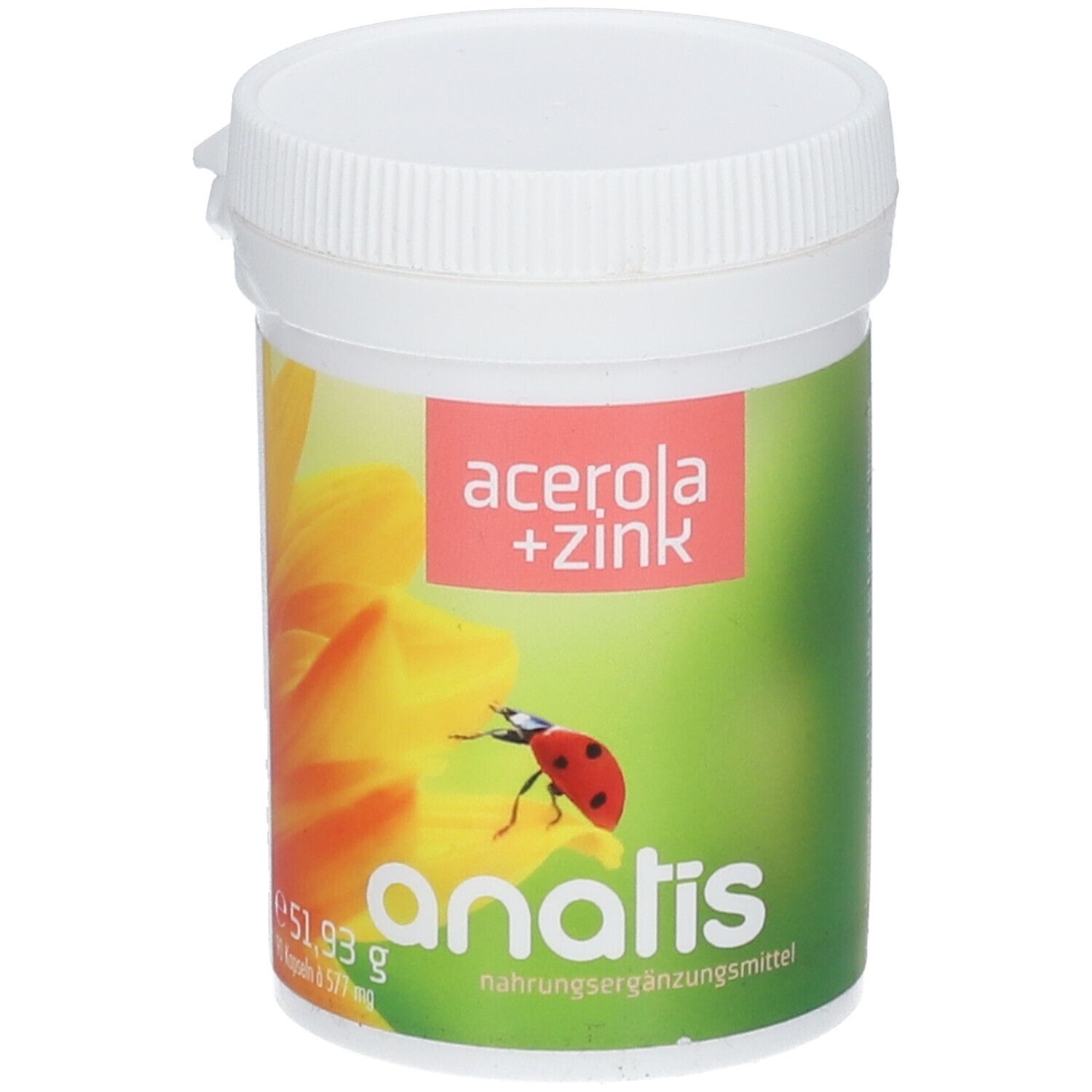 Weißer Behälter mit Deckel. Aufschrift: acerola + zink, anatis Nahrungsergänzungsmittel. Abbildung: Marienkäfer auf Blüte.
