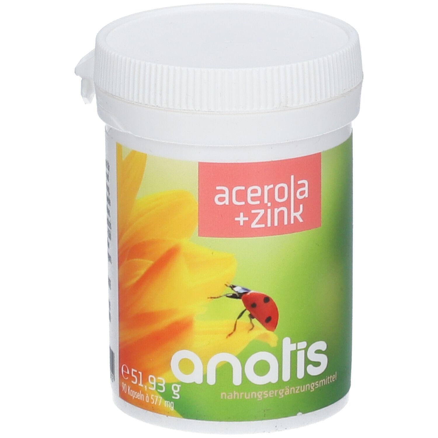 Weißer Behälter mit Deckel. Aufschrift: acerola + zink, anatis Nahrungsergänzungsmittel. Abbildung: Marienkäfer auf Blüte.