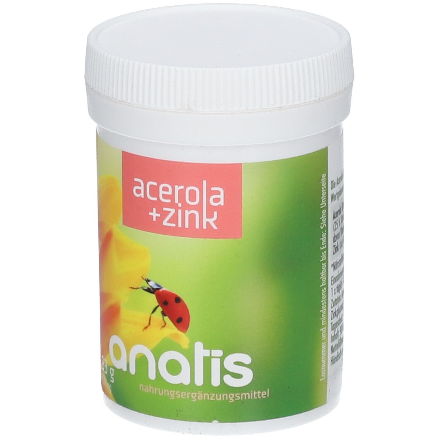 Weißer Behälter mit Deckel. Aufschrift: acerola + zink, anatis Nahrungsergänzungsmittel. Abbildung: Marienkäfer auf Blüte.
