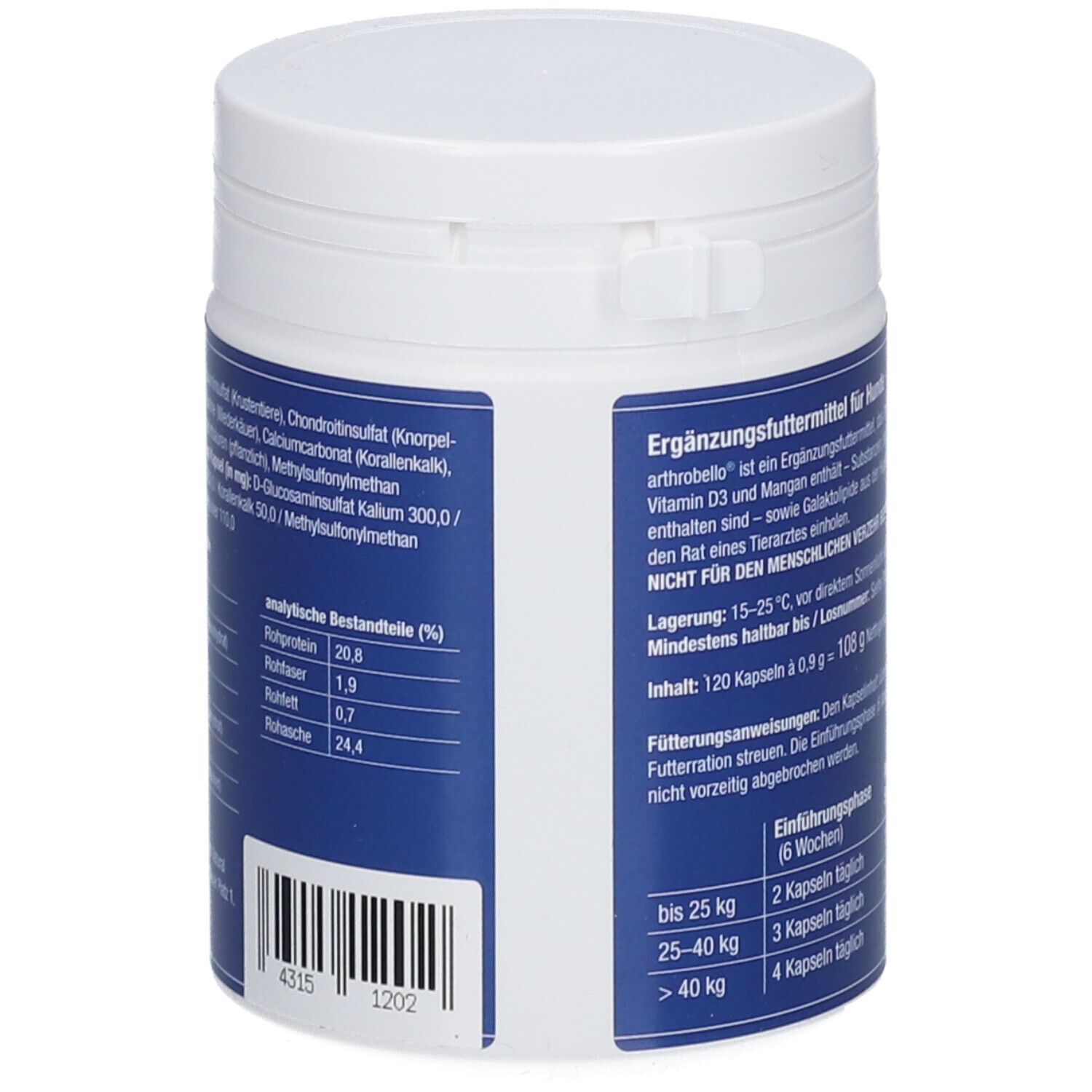 Weiß-blaue Dose. Text: Analytische Bestandteile. Inhaltsstoffe. Lagerungshinweise. Barcode.