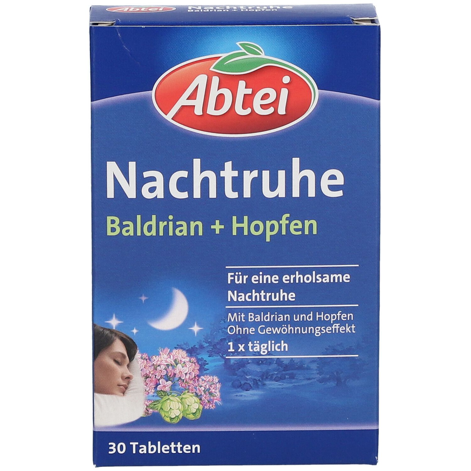 Blaue Schachtel. Aufschrift: Abtei Nachtruhe Baldrian + Hopfen. 30 Tabletten. Motiv: schlafende Frau, Mond, Blumen.