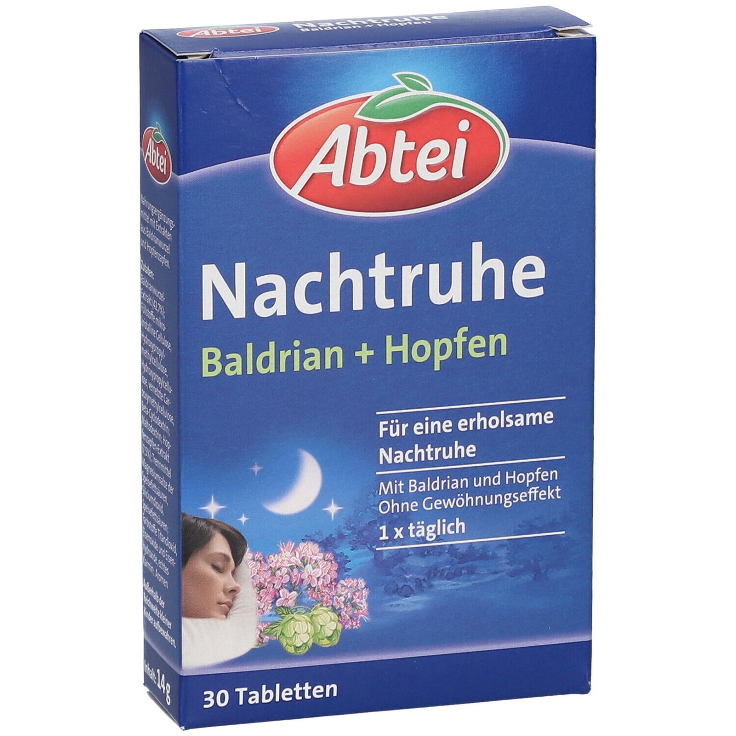 Blaue Schachtel. Aufschrift: Abtei Nachtruhe Baldrian + Hopfen. 30 Tabletten. Motiv: schlafende Frau, Mond, Blumen. Inhalt: 14g.