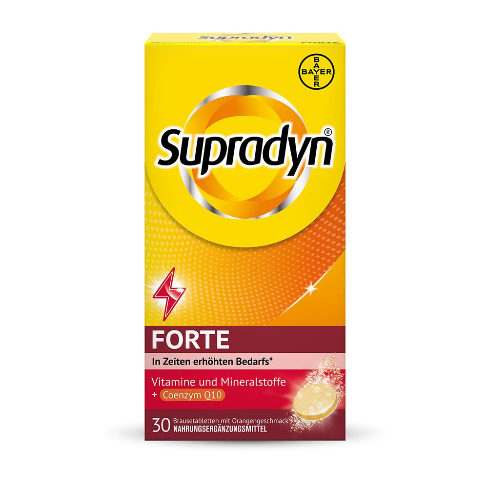 Gelbe Schachtel mit "Supradyn Forte". Enthält 30 Brausetabletten. Bayer-Logo.