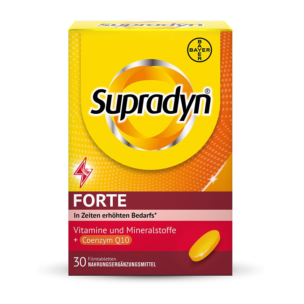 Gelbe Schachtel mit "Supradyn Forte". Enthält 30 Filmtabletten. Bayer-Logo.