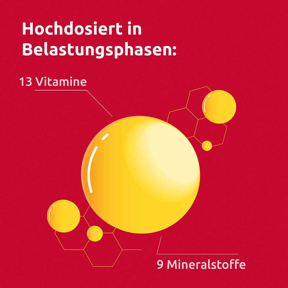 Gelbe Kugeln mit Text: 13 Vitamine, 9 Mineralstoffe. Roter Hintergrund.
