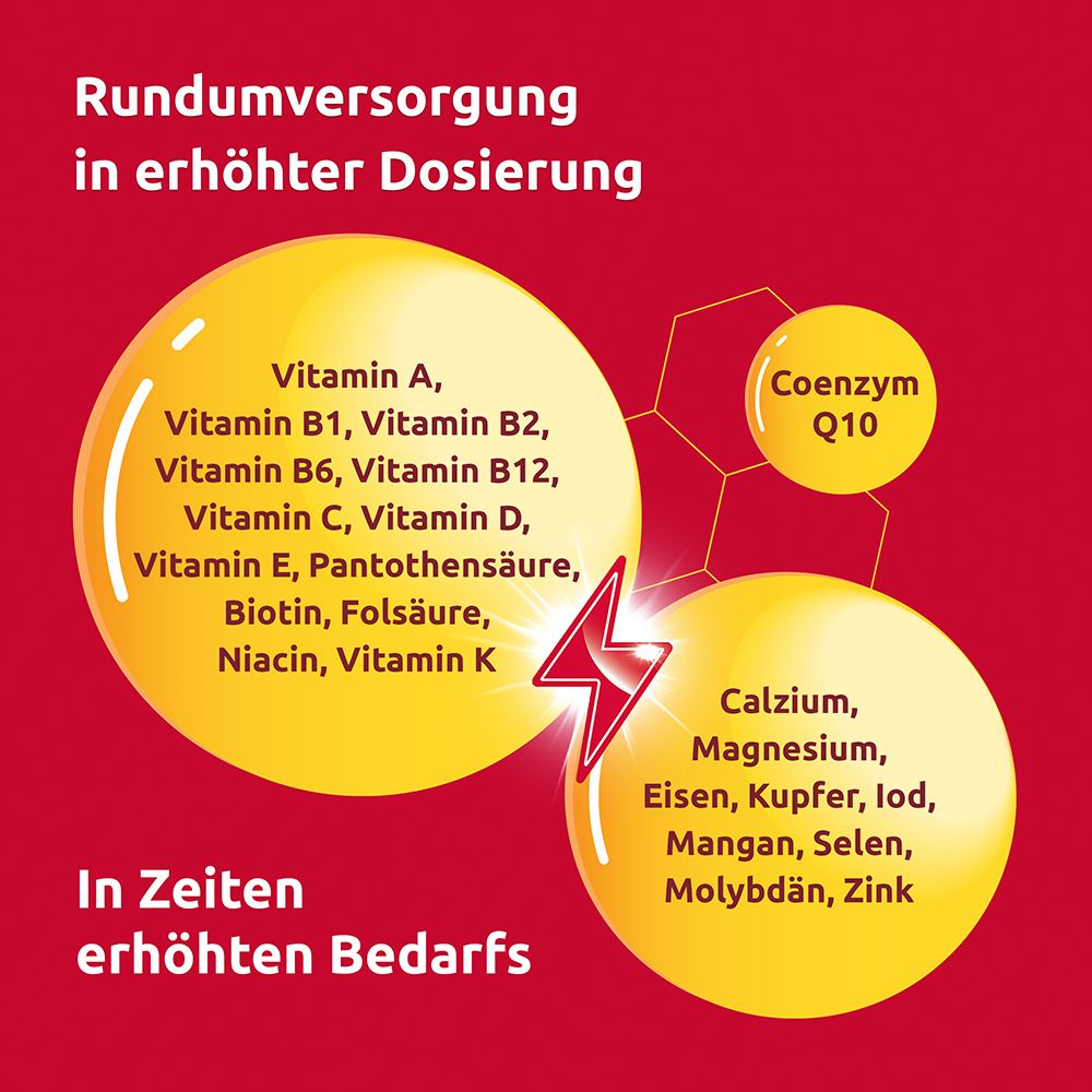 Gelbe Kugeln mit Vitaminen, Mineralstoffen und Coenzym Q10. Roter Hintergrund.