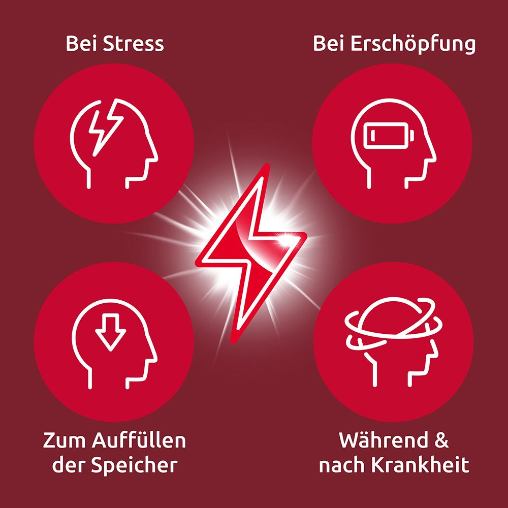 Kreisförmige Grafiken mit Texten: Stress, Erschöpfung, etc. Roter Hintergrund.