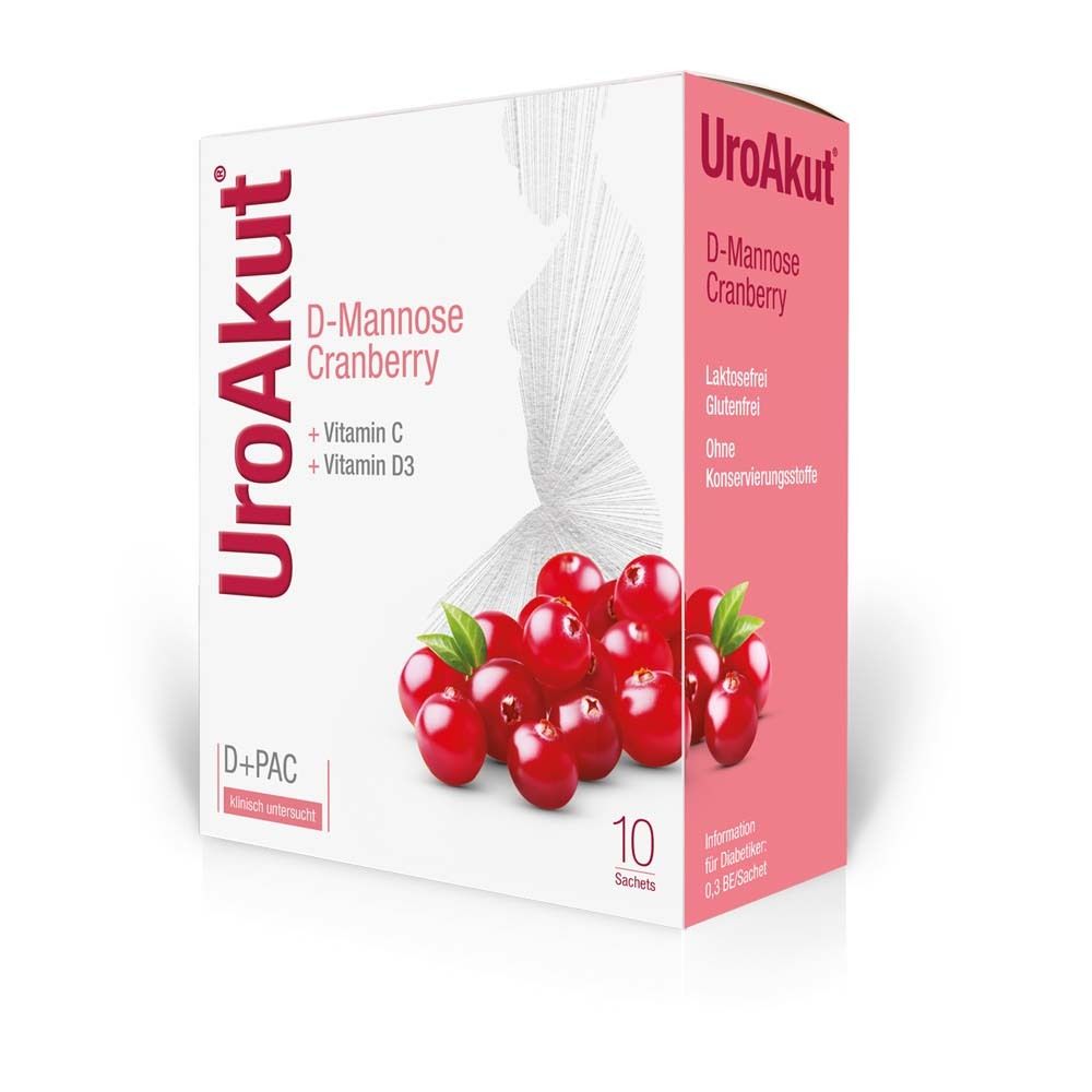Boîte avec impression du produit. Inscription: UroAkut, D-Mannose Cranberry, Vitamine C + Vitamine D3. Illustration de canneberges.