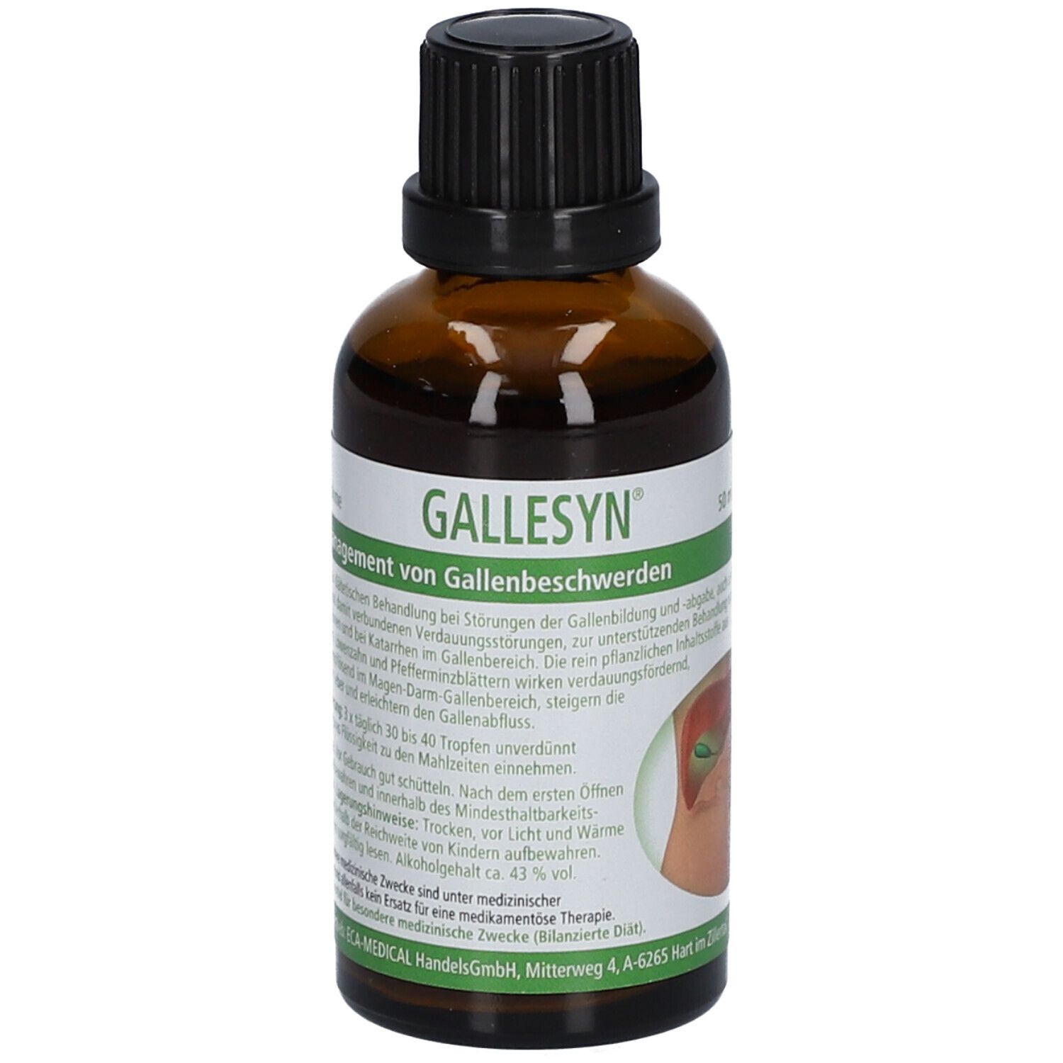 Braune Glasflasche mit schwarzem Deckel. Etikett mit Text: GALLESYN®, Behandlung von Gallenbeschwerden.