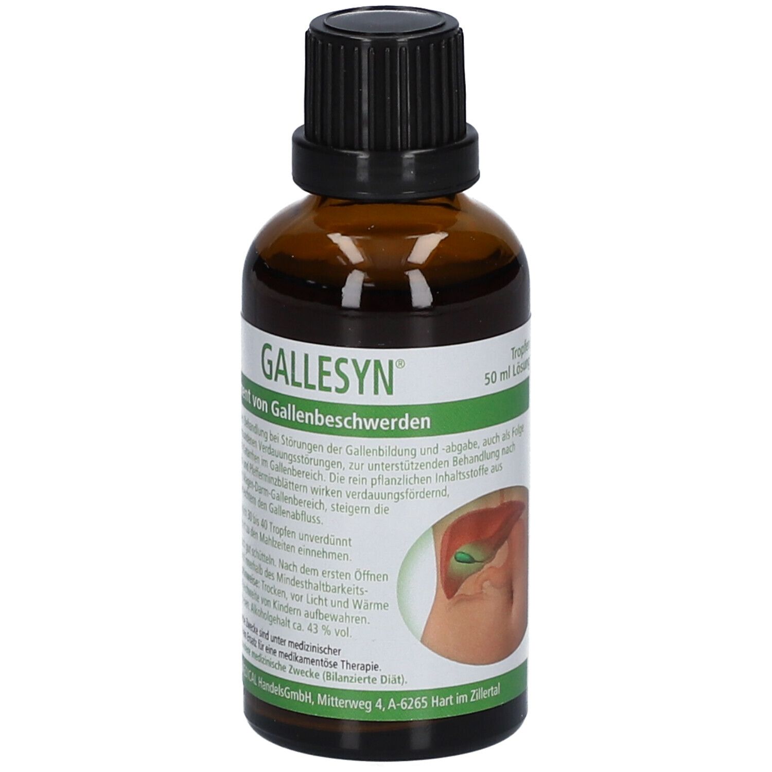 Braune Glasflasche mit schwarzem Deckel. Etikett mit Text: GALLESYN®, 50 ml Lösung, Tropfen.