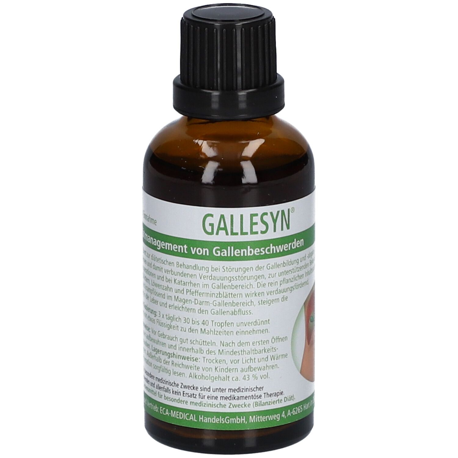 Braune Glasflasche mit schwarzem Deckel. Etikett mit Text: GALLESYN®, 50 ml Lösung, Tropfen.