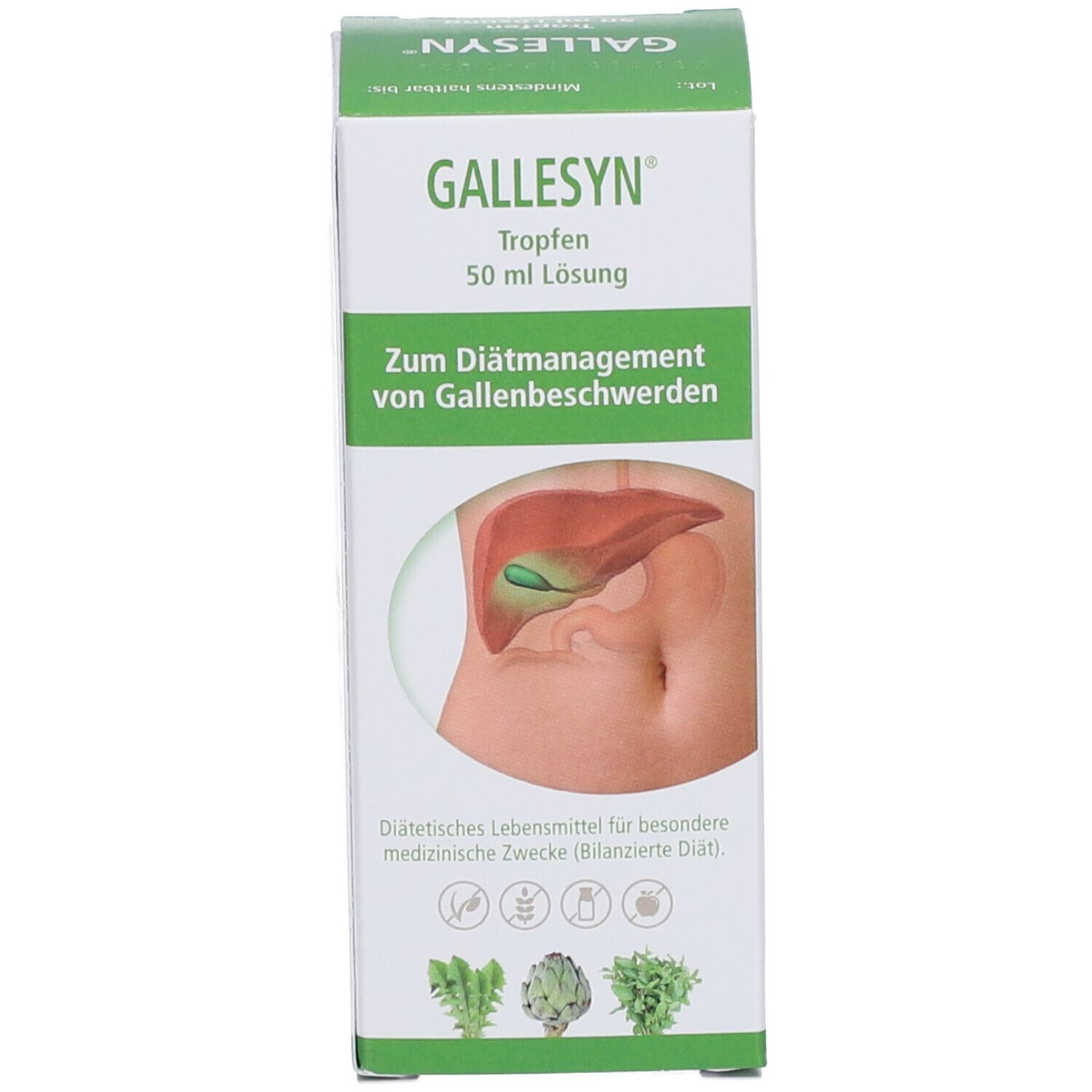 Karton mit Text: GALLESYN®, 50 ml Lösung, Zum Diätmanagement von Gallenbeschwerden.