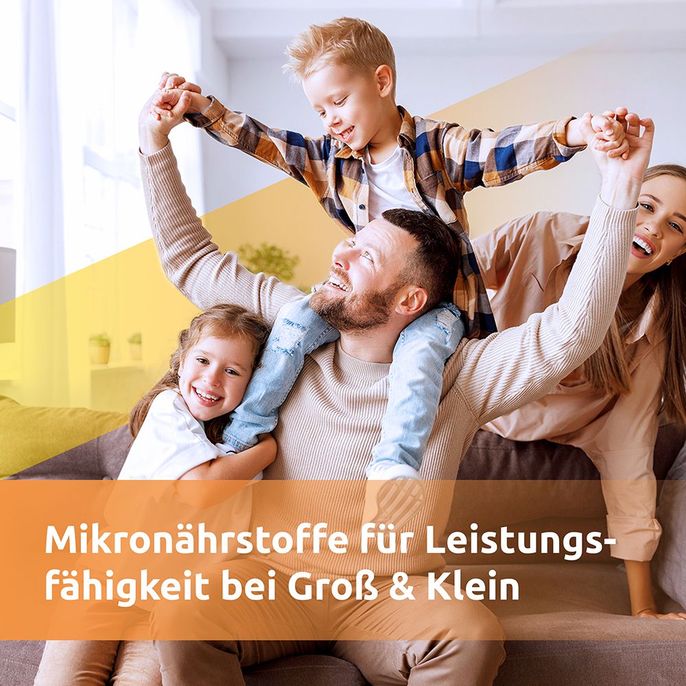 Familie mit zwei Kindern. Text: Mikronährstoffe für Leistungsfähigkeit bei Groß & Klein.