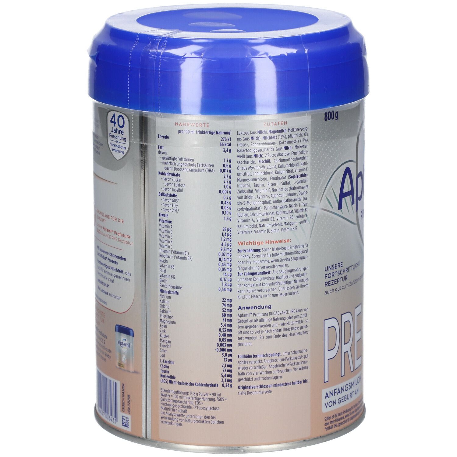 Aptamil Profutura Pre Dose, Rückseite. Nährwertangaben, Zutatenliste. Blaue Kappe, silberne Dose. Text in deutscher Sprache.