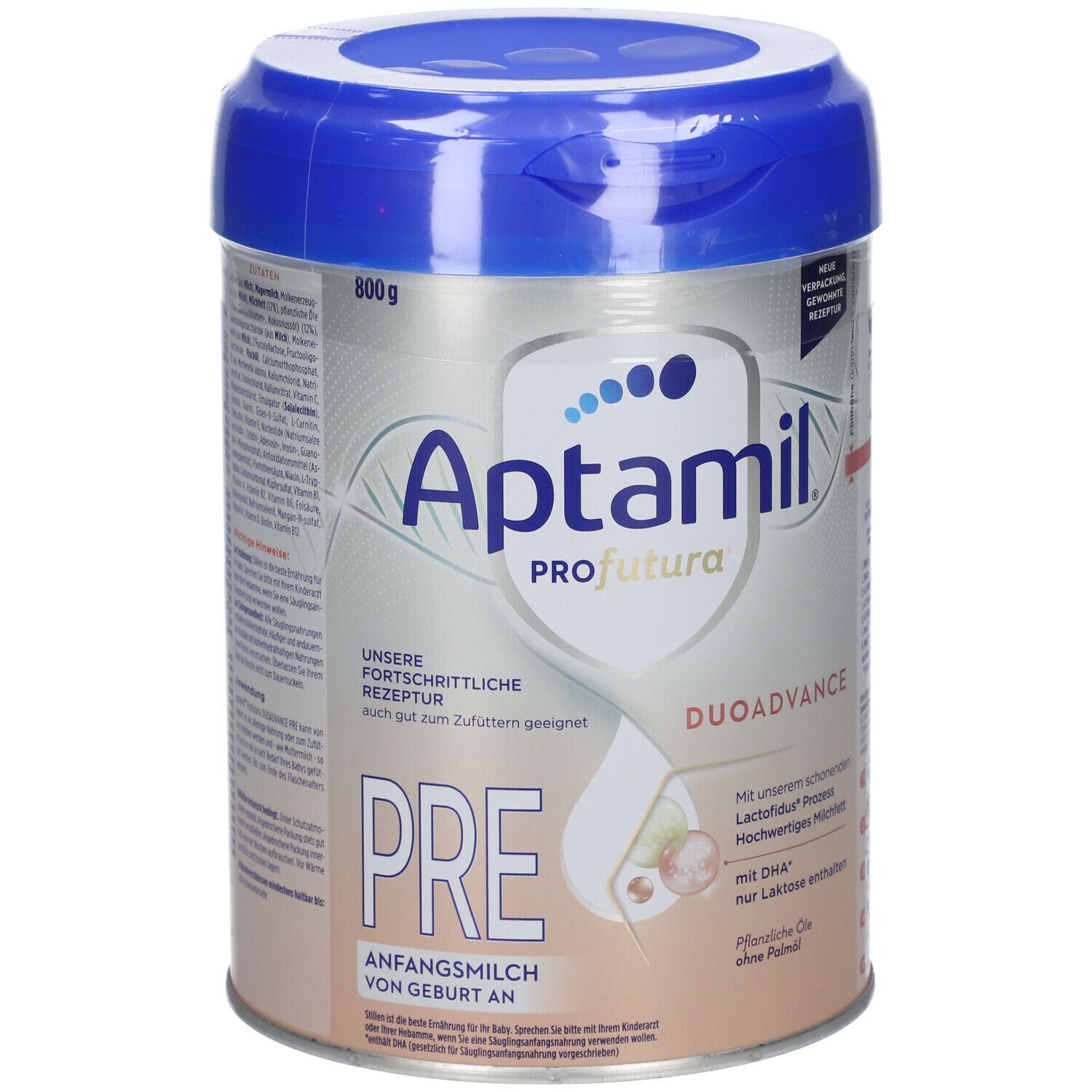 Aptamil Profutura Pre Anfangsmilch Dose. Blaue Kappe, silberne Dose. Aufschrift: DuoAdvance, Pre, Anfangsmilch von Geburt an.