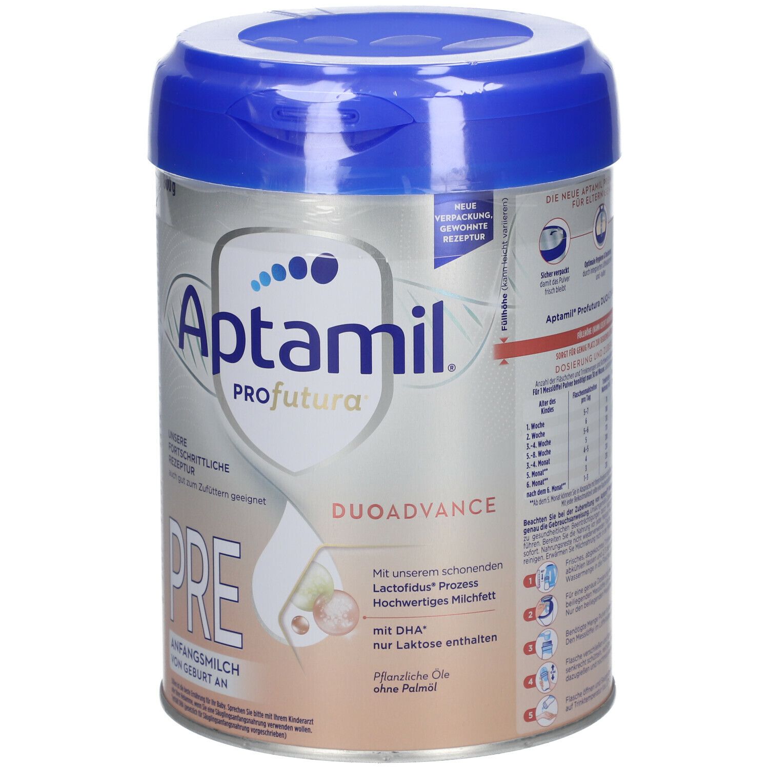 Aptamil Profutura Pre Dose. Blaue Kappe, silberne Dose. Aufschrift: DuoAdvance, Pre, Anfangsmilch von Geburt an.