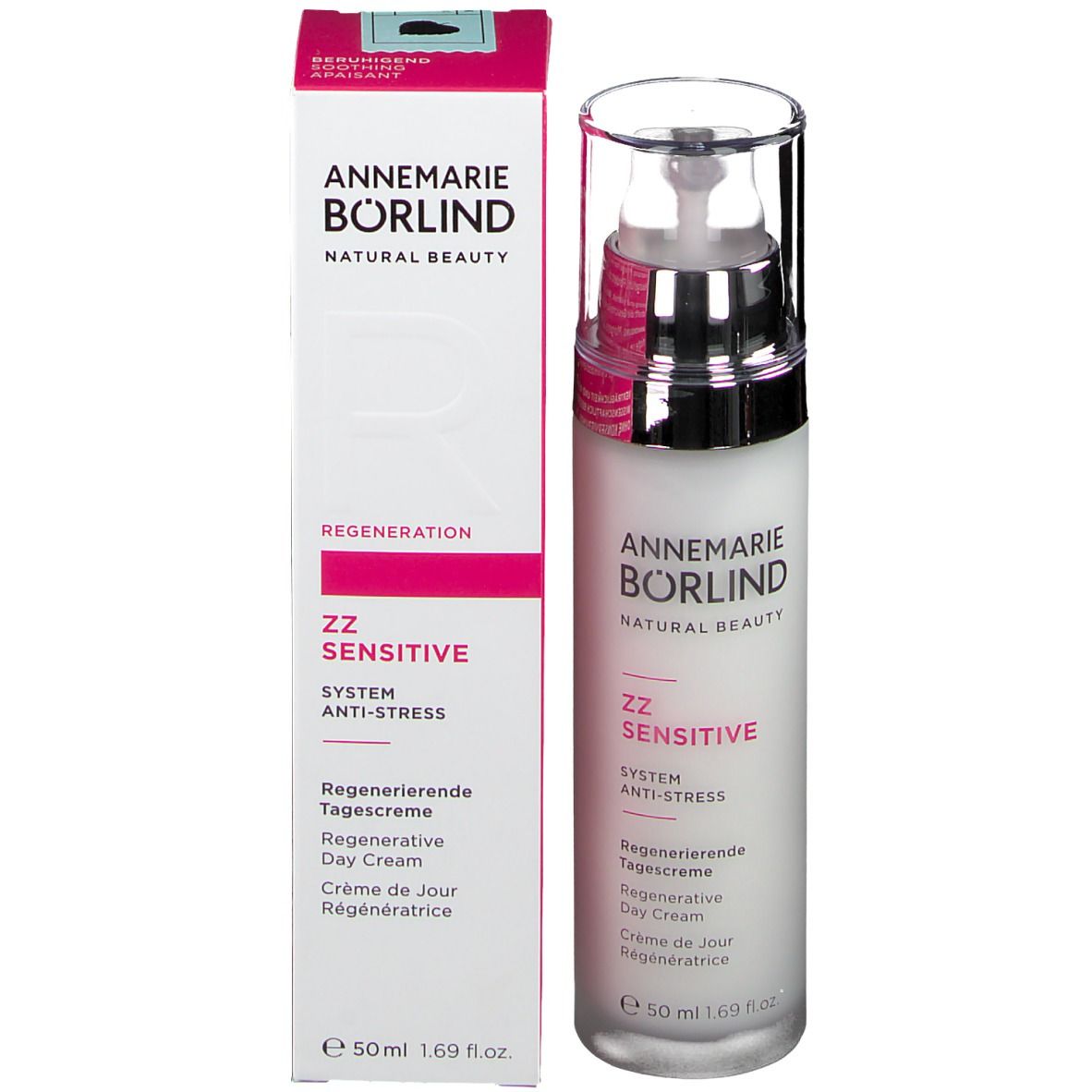 Creme-Spenderflasche und Karton. Aufschrift: Annemarie Börlind, ZZ Sensitive, Regenerierende Tagescreme.