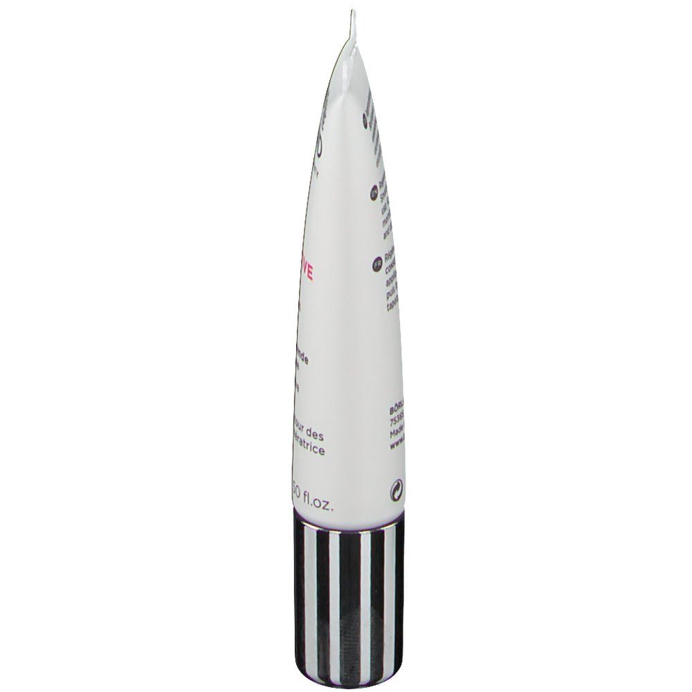 Seitenansicht der Creme-Tube. Schwarzer und weißer gestreifter Verschluss.
