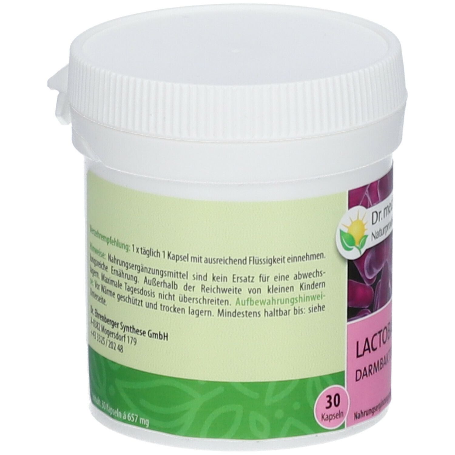 Weißer Behälter mit grünem und pinkfarbenem Etikett. Text: Dr. med. Ehrenberger, Lactobacillus Darmbakterien, 30 Kapseln. Deckel mit Verschluss.