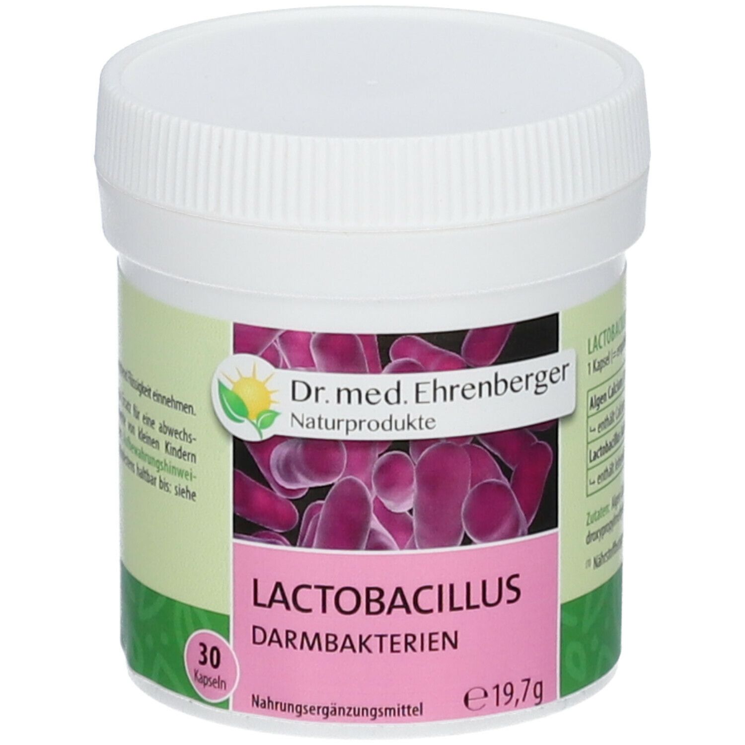 Weißer Behälter mit pinkfarbenem Etikett. Text: Dr. med. Ehrenberger Naturprodukte, Lactobacillus Darmbakterien, 30 Kapseln. Deckel.