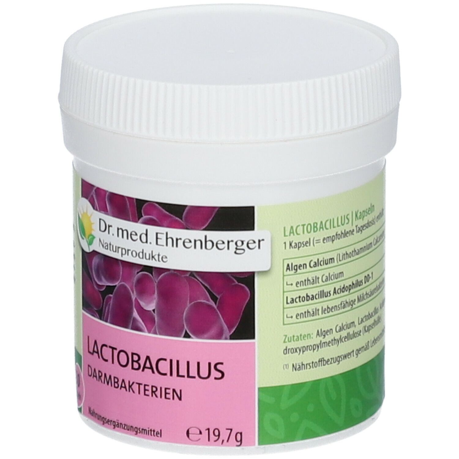 Weißer Behälter mit pinkfarbenem Etikett. Text: Dr. med. Ehrenberger Naturprodukte, Lactobacillus Darmbakterien, 30 Kapseln. Deckel.