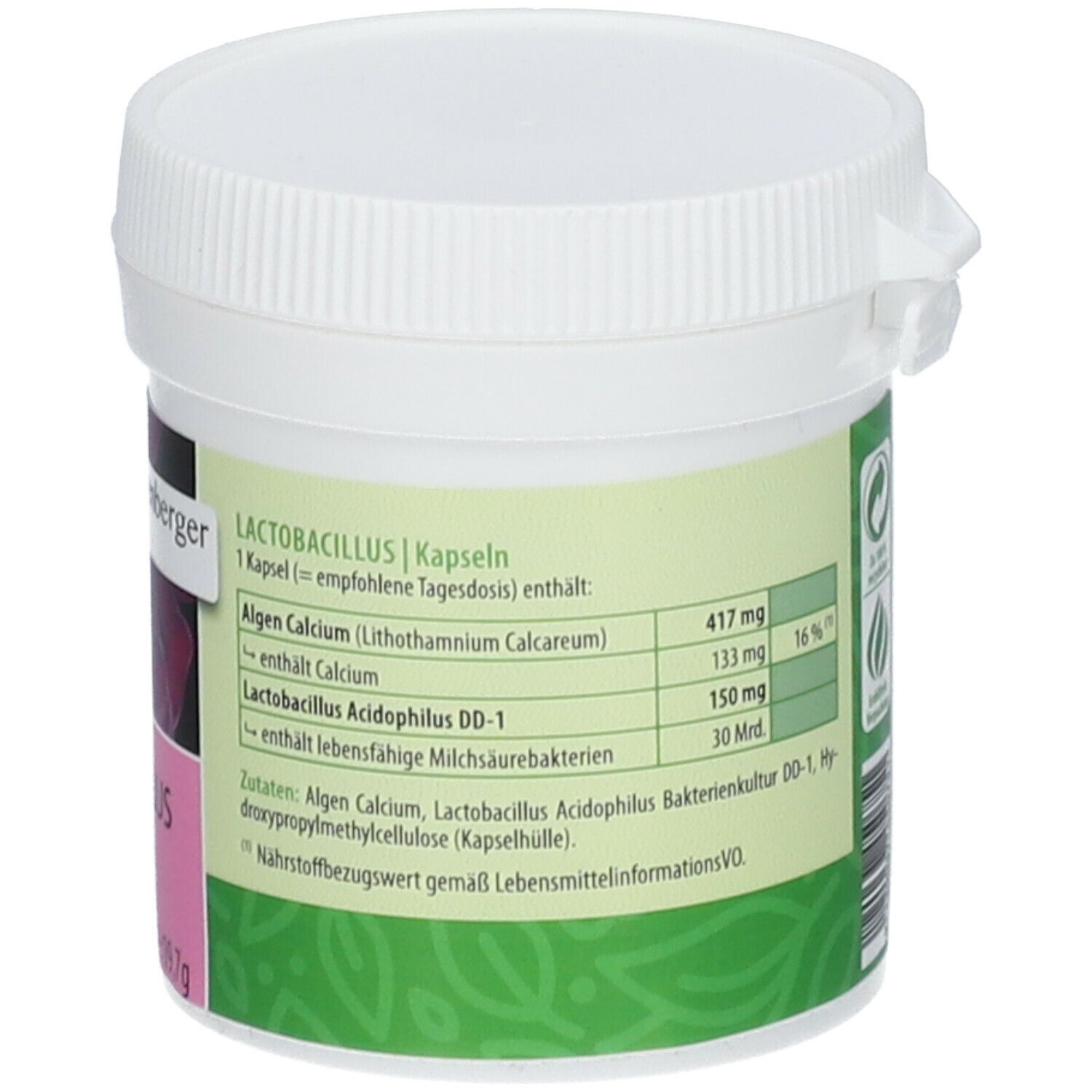 Weißer Behälter mit grünem und pinkfarbenem Etikett. Text: Lactobacillus Kapseln, Inhaltsstoffe. Deckel. Nährwertinformationen.