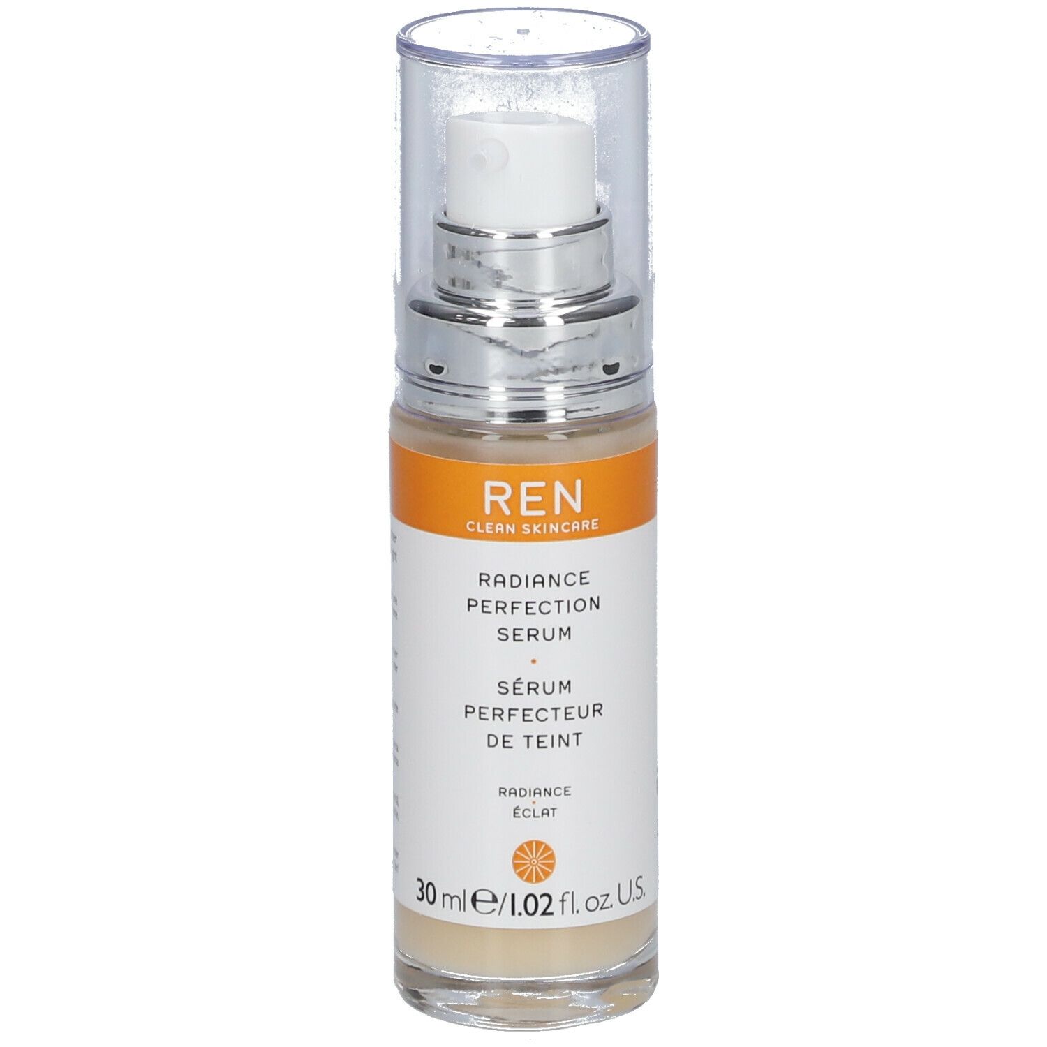 Serumflasche mit Pumpe. Orangefarbener Streifen mit "REN" und Produktname. Transparente Kappe. 30 ml.