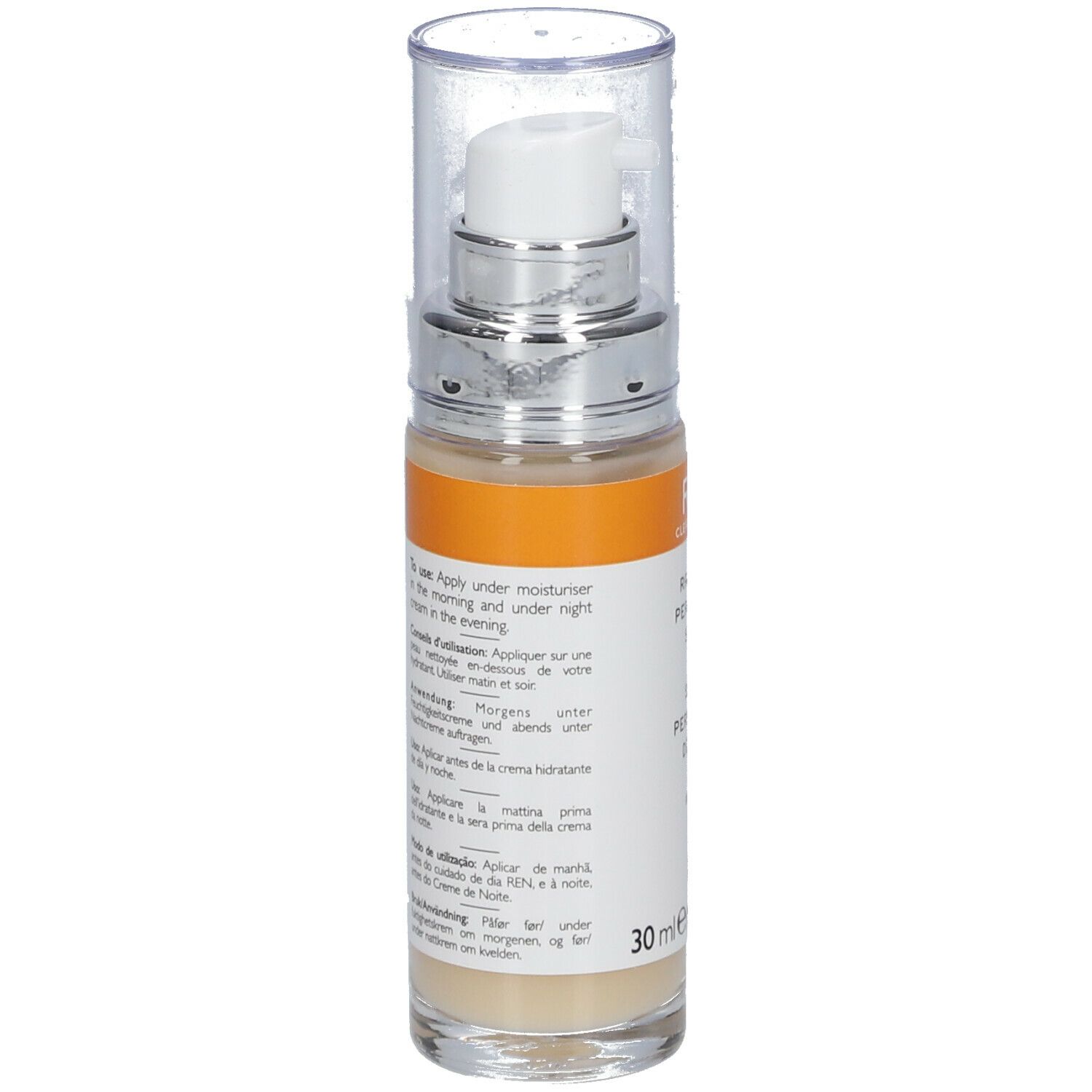 Rückseite der Serumflasche. Text in mehreren Sprachen. 30 ml. Transparente Flasche mit Pumpe und Kappe.