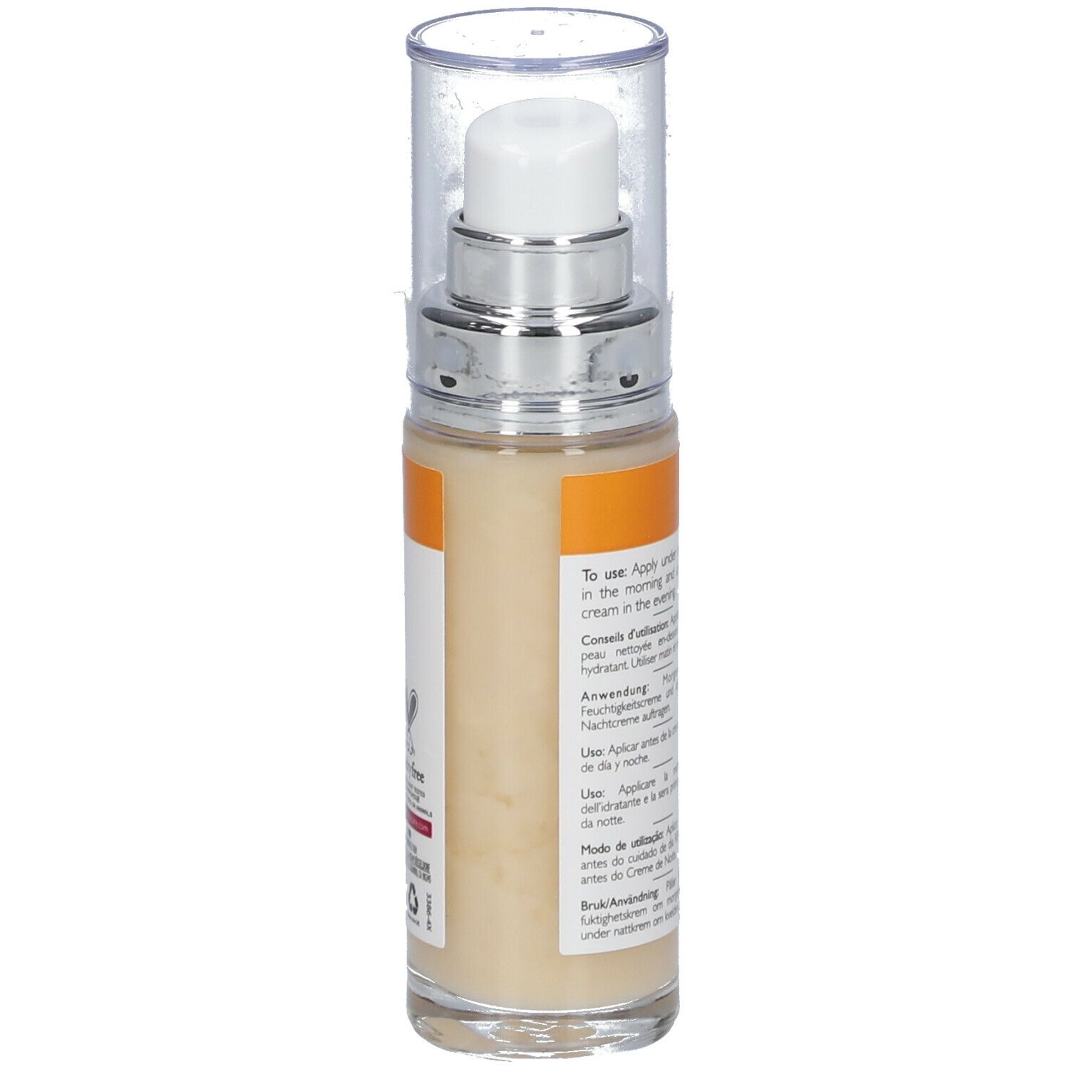 Serumflasche mit Pumpe. Text in mehreren Sprachen. 30 ml. Transparente Flasche mit Pumpe und Kappe.