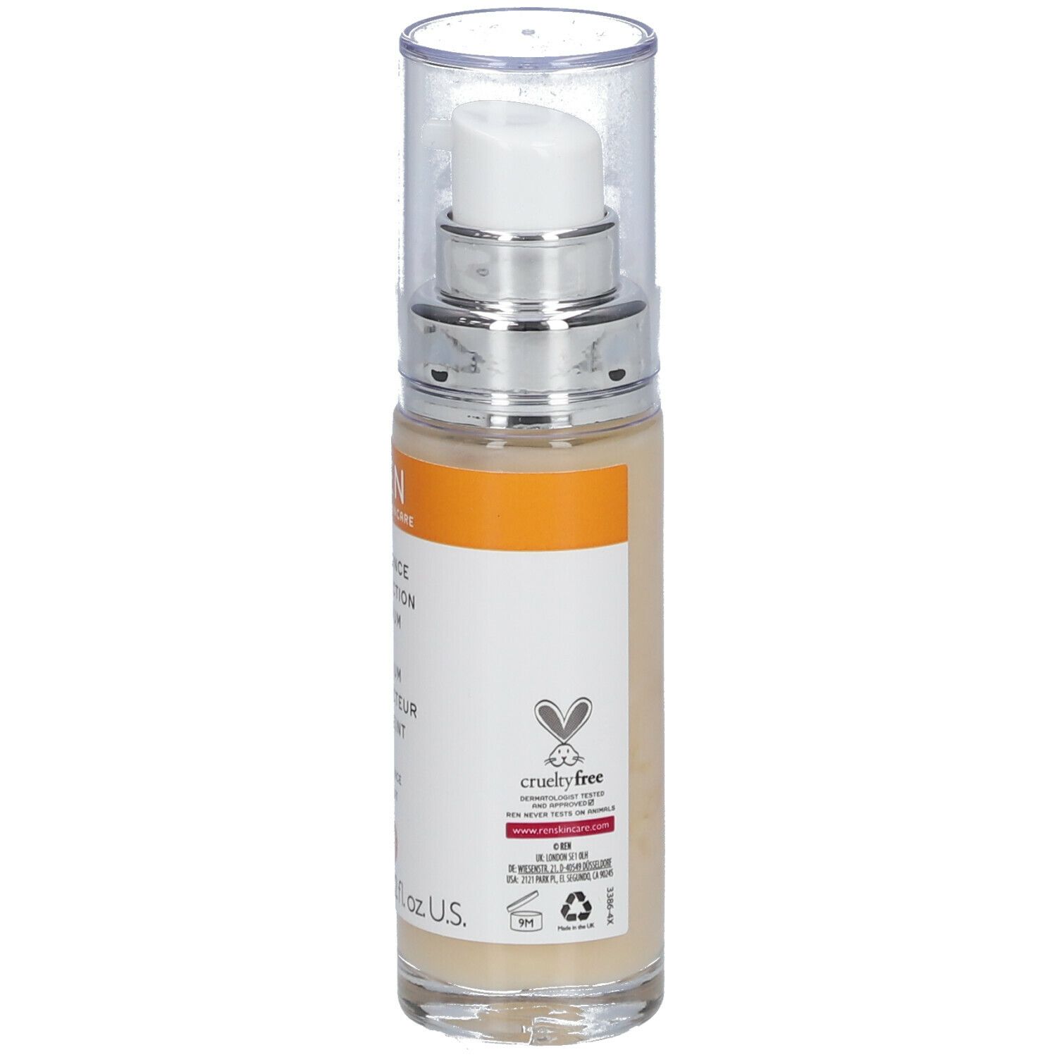 Serumflasche mit Pumpe. Cruelty-free-Logo. 30 ml. Transparente Flasche mit Pumpe und Kappe.
