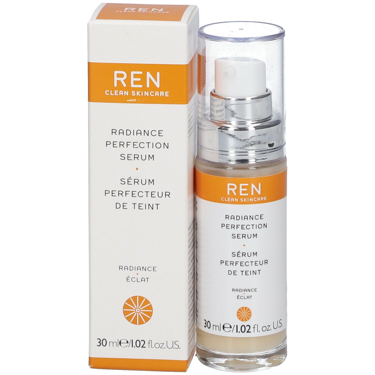 Serumflasche und Schachtel. Schachtel mit "REN" und Produktname. 30 ml. Transparente Flasche mit Pumpe.