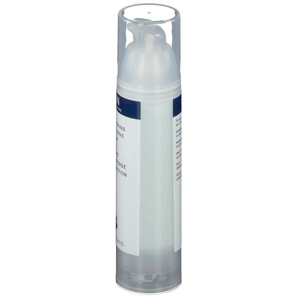 Zylindrische Flasche mit Pumpkopf. Seitliche Ansicht. Aufschrift: REN Clean Skincare, Multi-Tasking After Shave Balm. Transparente Kappe.