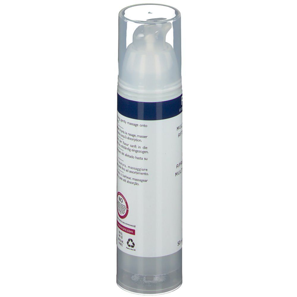 Zylindrische Flasche mit Pumpkopf. Rückansicht mit Text. Aufschrift: REN Clean Skincare, Multi-Tasking After Shave Balm. Transparente Kappe.