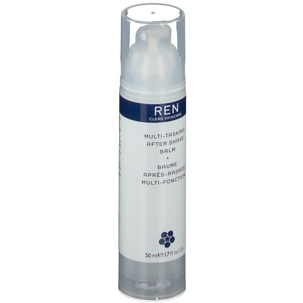 Zylindrische Flasche mit Pumpkopf. Aufschrift: REN Clean Skincare, Multi-Tasking After Shave Balm. Blaue und weiße Etikettierung. Transparente Kappe.