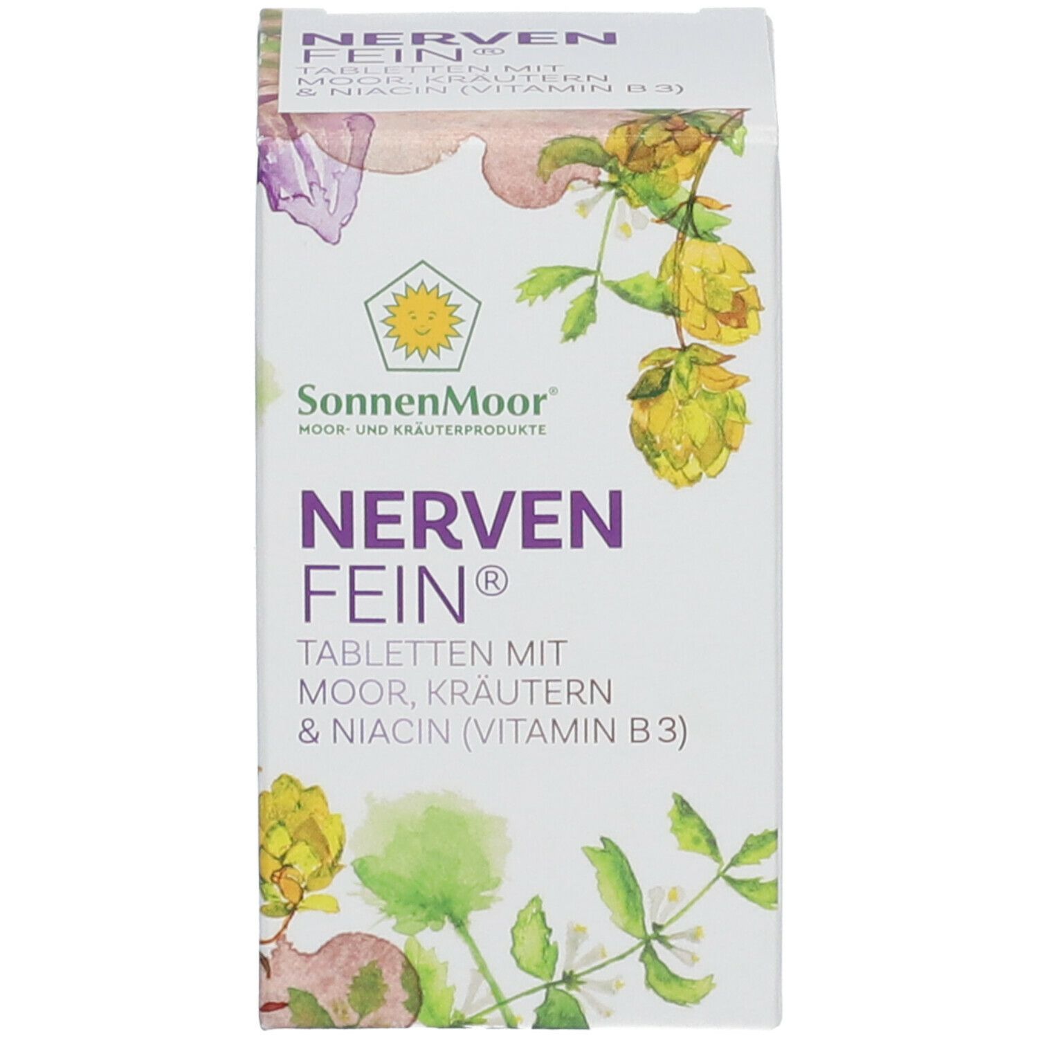 Weiße Schachtel mit Produktnamen NERVEN FEIN®, SonnenMoor Logo und Inhaltsangaben. Kräuterabbildung.