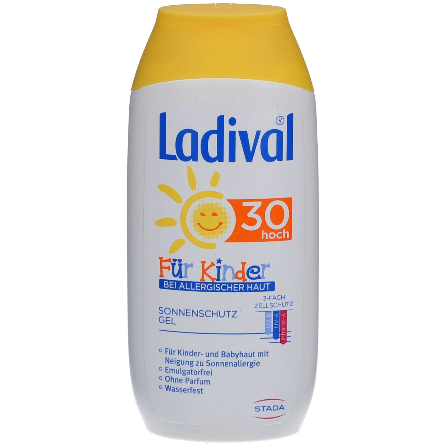 Sonnencreme-Gel für Kinder. Weißes Fläschchen mit gelbem Deckel. Aufschrift: Ladival, LSF 30, Für Kinder bei allergischer Haut.