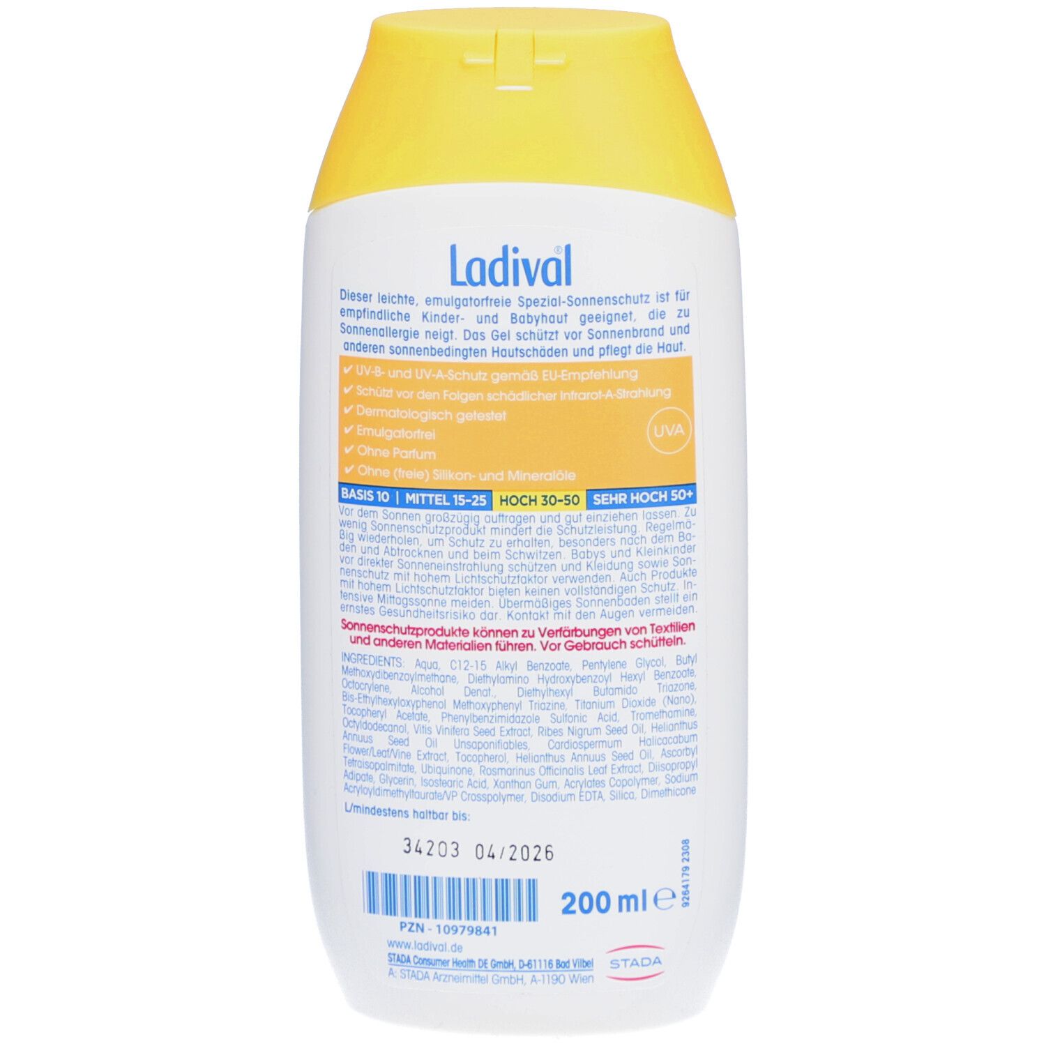 Rückseite der Sonnencreme-Gel-Flasche. Text in deutscher Sprache. Enthält Informationen über die Anwendung und Inhaltsstoffe.