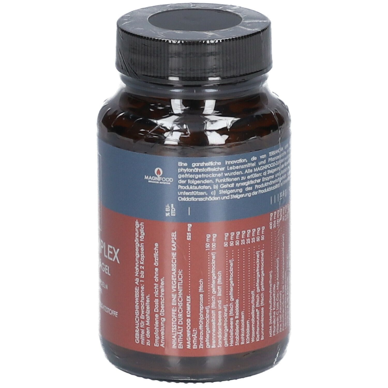 Braune Glasflasche mit schwarzem Deckel. Etikett mit Inhaltsstoffen und Dosierung. Folienverpackung.