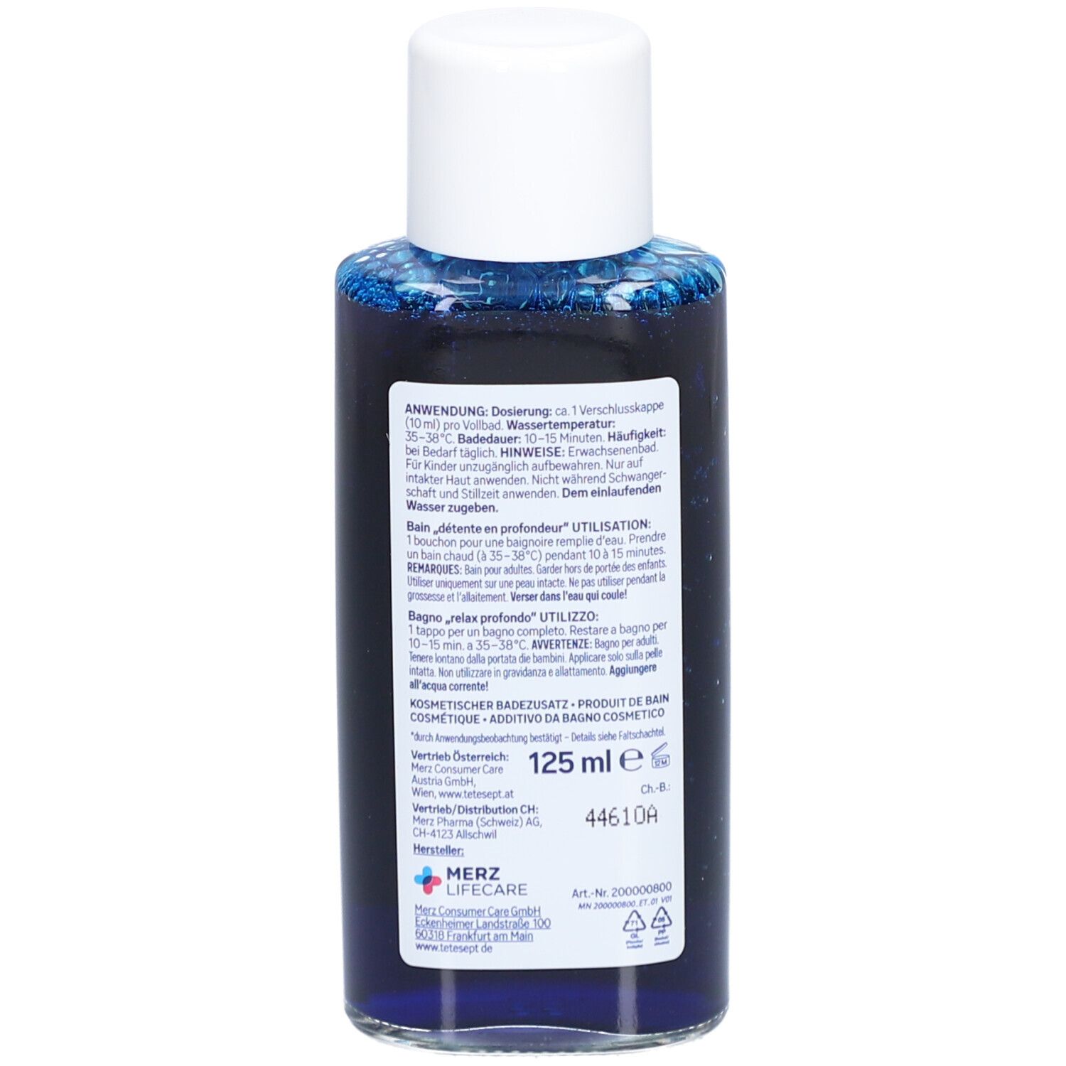tetesept Tiefen-Entspannung. Rückseite der Flasche. Text: Dosierung, Inhaltsstoffe, 125 ml, Vegan.