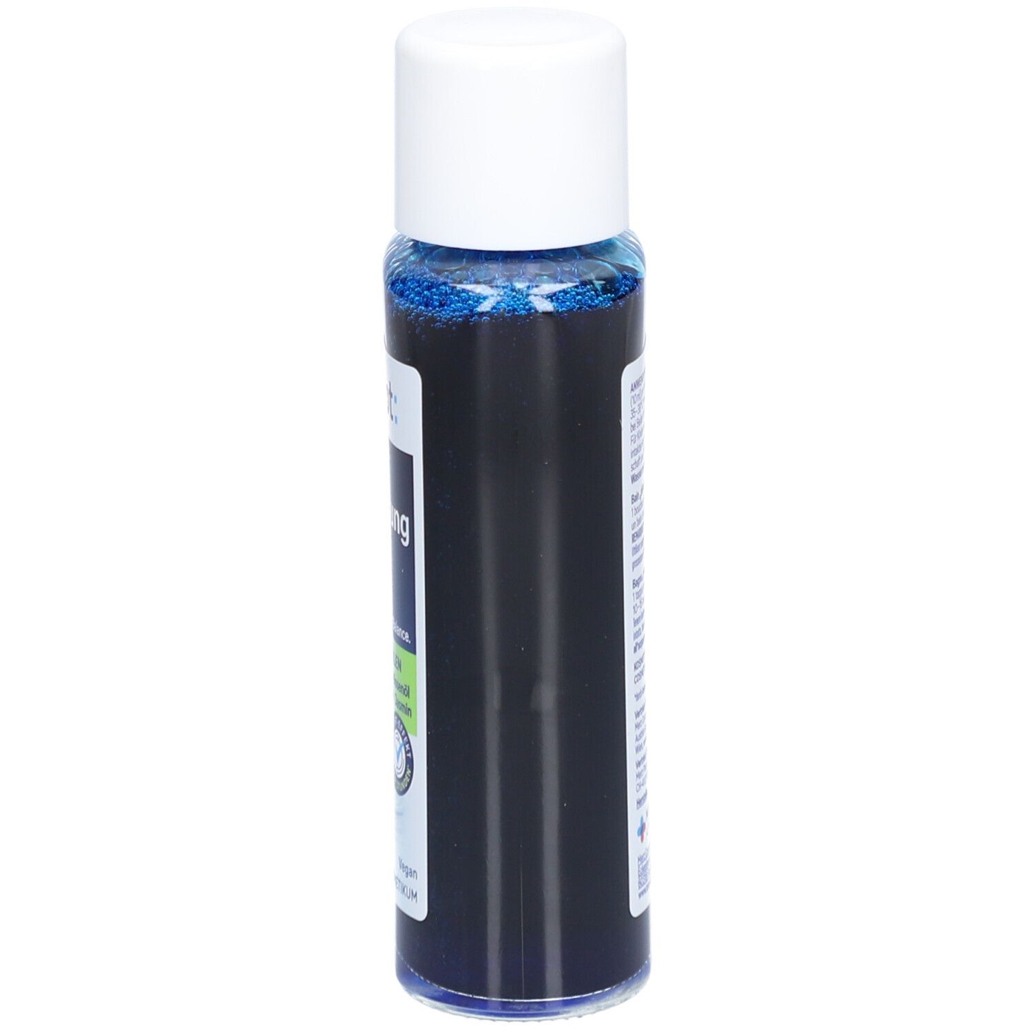 tetesept Tiefen-Entspannung. Flasche, Seitenansicht. Blauer Inhalt, weißer Deckel. Text auf Etikett.