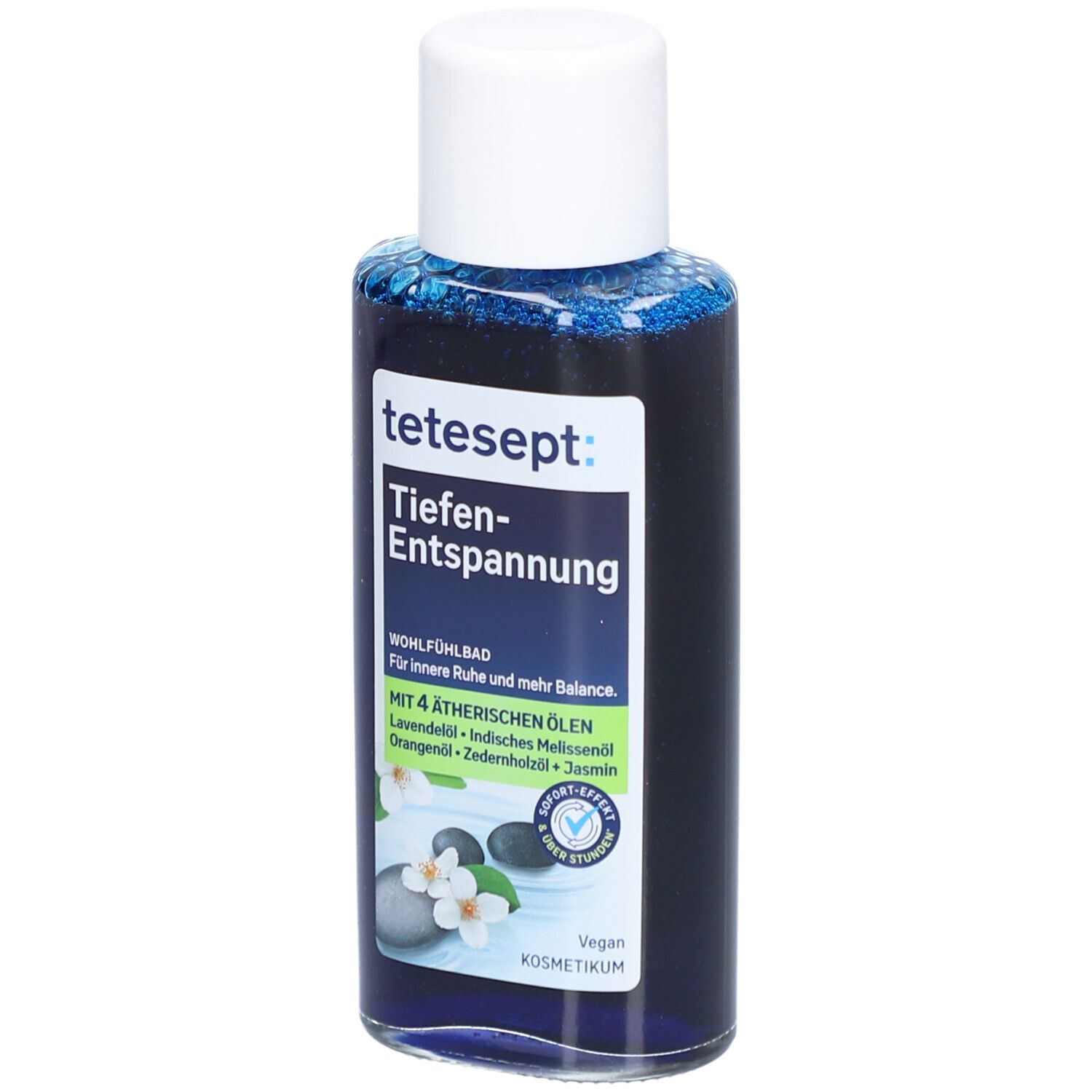 tetesept Tiefen-Entspannung. Flasche mit blauem Inhalt und weißem Deckel. Text: Tiefen-Entspannung, 4 ätherische Öle, Vegan.
