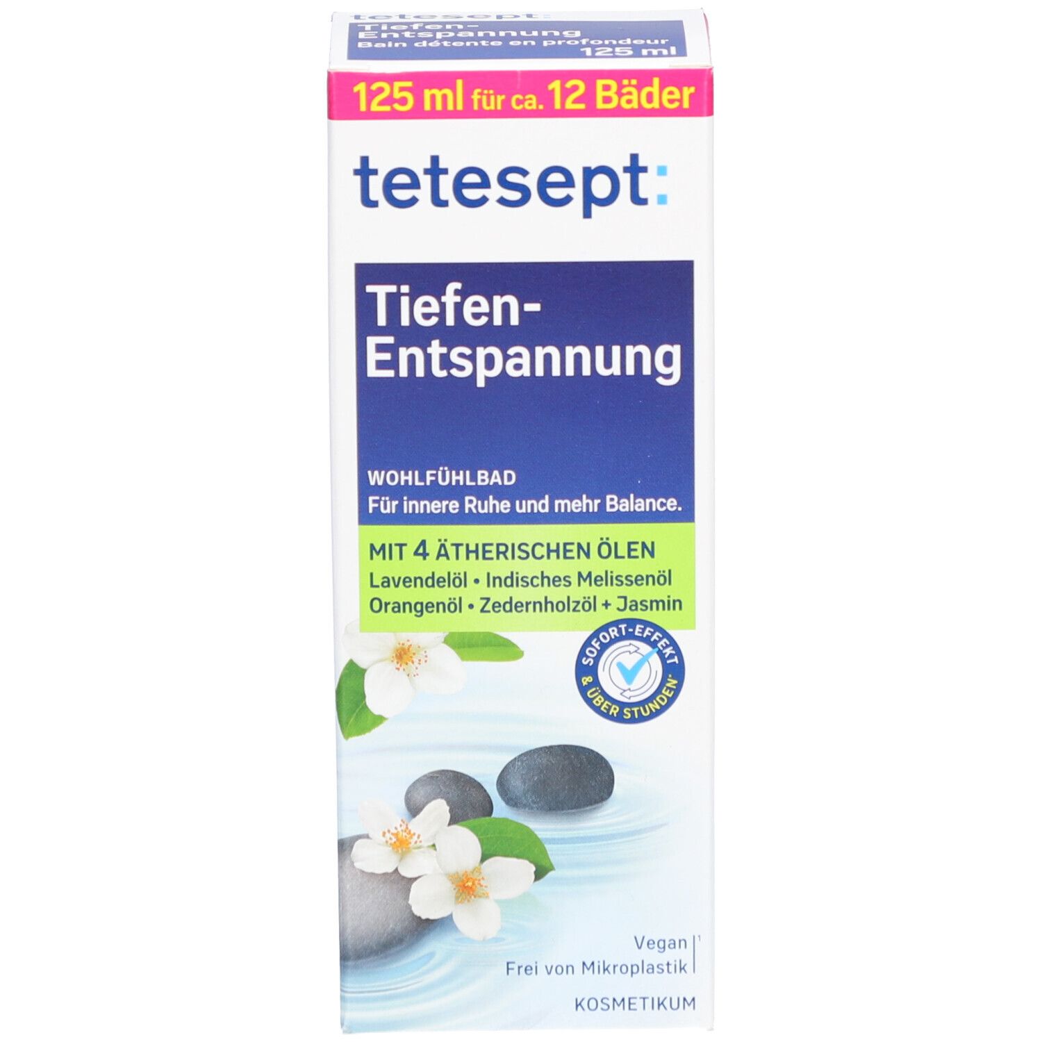 tetesept Tiefen-Entspannung. Verpackung. Text: 125 ml, Tiefen-Entspannung, 4 ätherische Öle, Vegan.