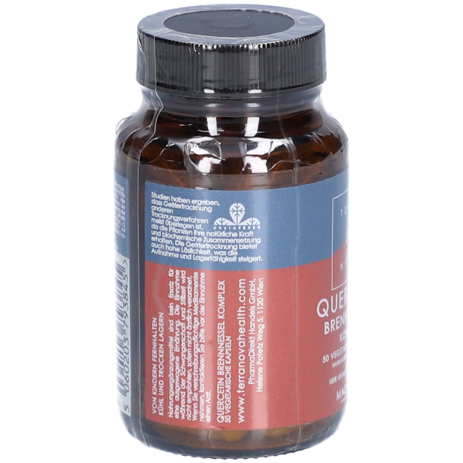 Rückseite der Flasche mit Text. Aufschrift: Quercetin Brennnessel Komplex. 50 vegetarische Kapseln. www.terranovahealth.com.